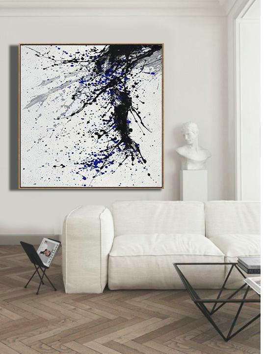Abstract Painting Extra Large Canvas Art,Minimalist Drip Painting On Canvas, Black, White, Grey, Blue - Hand-Painted Contemporary Art